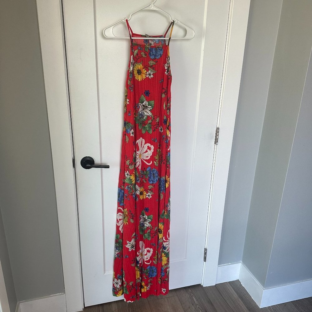 ASOS Red Maxi Floral Dress High Neck Halter Tropical Hawaiian